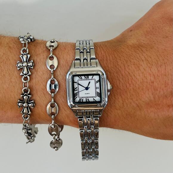 Retro White Square Face Quartz Watch Unisex Stainless Steel 8.5" New - Picture 7 of 16